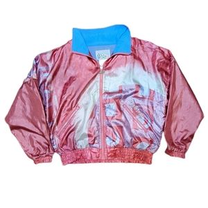 VINTAGE 90’s IXSPA Women's Burgundy  Abstract Zip Up Poly Bomber sz XS